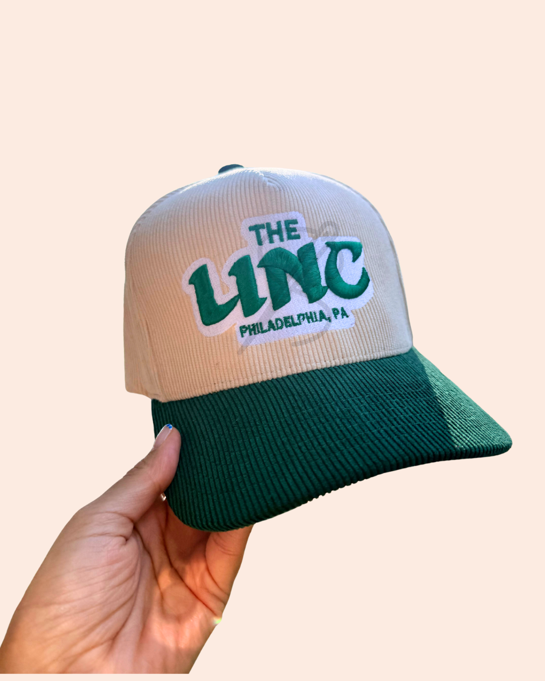 Cream + Green Corduroy Embroidered Trucker Hat