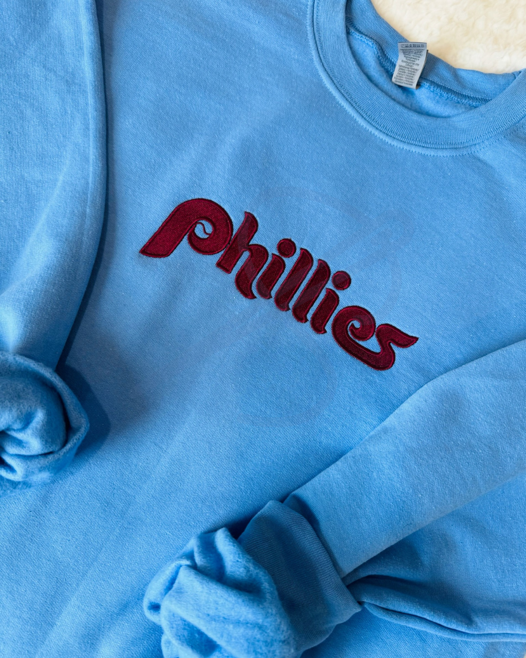 Retro Powder Blue + Maroon Embroidered Phillies Crewneck